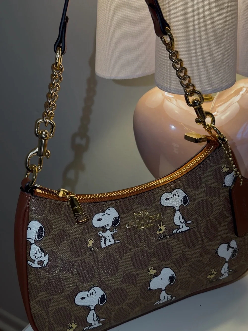 Coach Brown Signature Snoopy Canvas Shoulder Bag with Gold Hardware